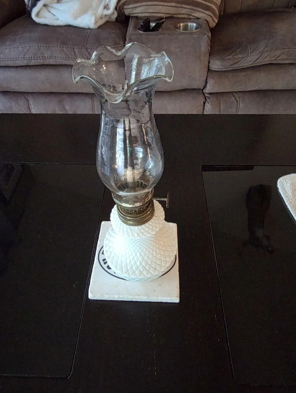 White Glass Mini Hurricane Lamp with Clear Chimney - Home Accents